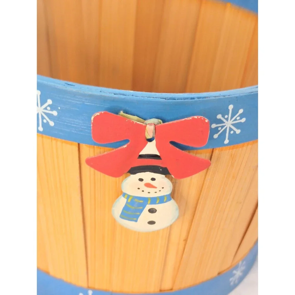 Wooden Basket with Metal Snowmen